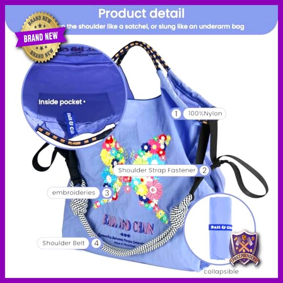 Embroidered Nylon Tote Crossbody Bag Travel Beach Boho Chic Adjustable Straps - Picture 5 of 6